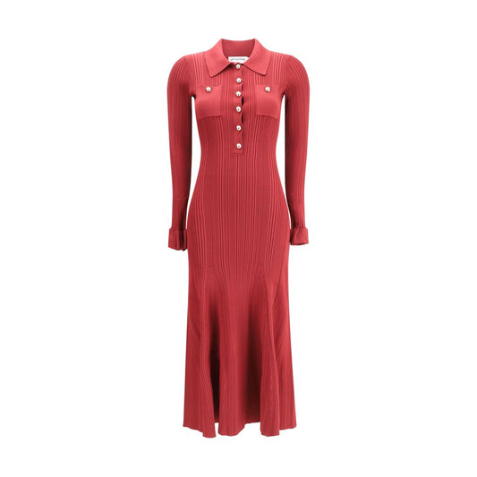 Self-Portrait Red Viscose Casual Dress with ribbed knit; button front; flared sleeves; ruffled cuffs; elegant and versatile design.