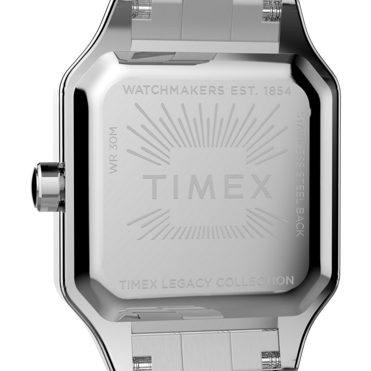 Back of TIMEX WATCHES Mod. TW2Y23800 showcasing stainless steel case and legacy collection engravings.