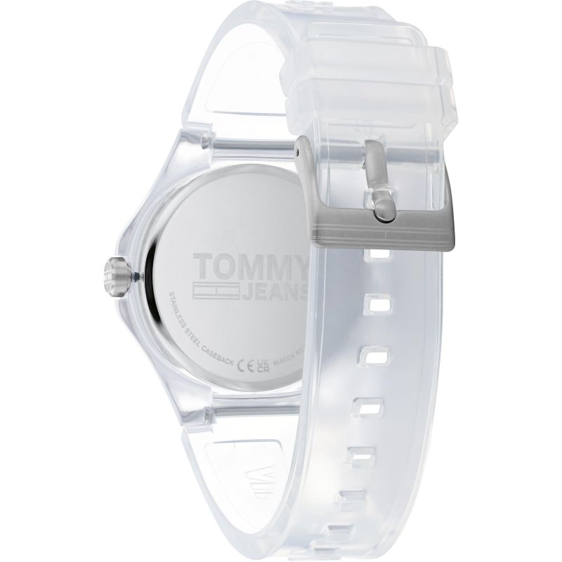 Back view of TOMMY HILFIGER Mod. 1720027 watch with transparent strap and silver case, showcasing unisex design and quartz movement.
