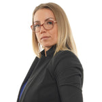 Woman wearing Ted Baker Pink Women Glasses Frame in cat eye style with rose acetate full-rim design.