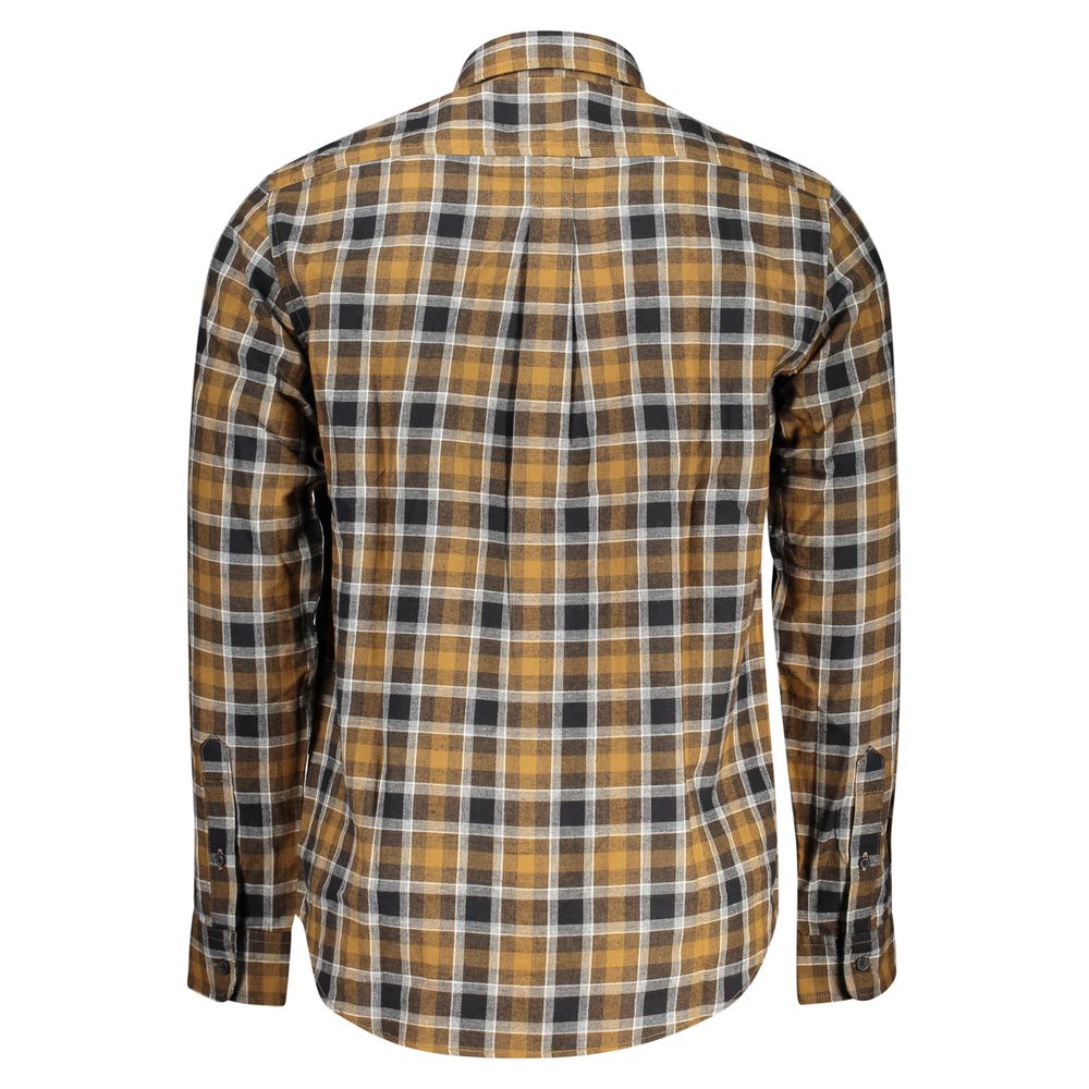 Timberland Brown Cotton Shirt with tartan pattern, long sleeves, Italian collar, and logo embroidery, back view.