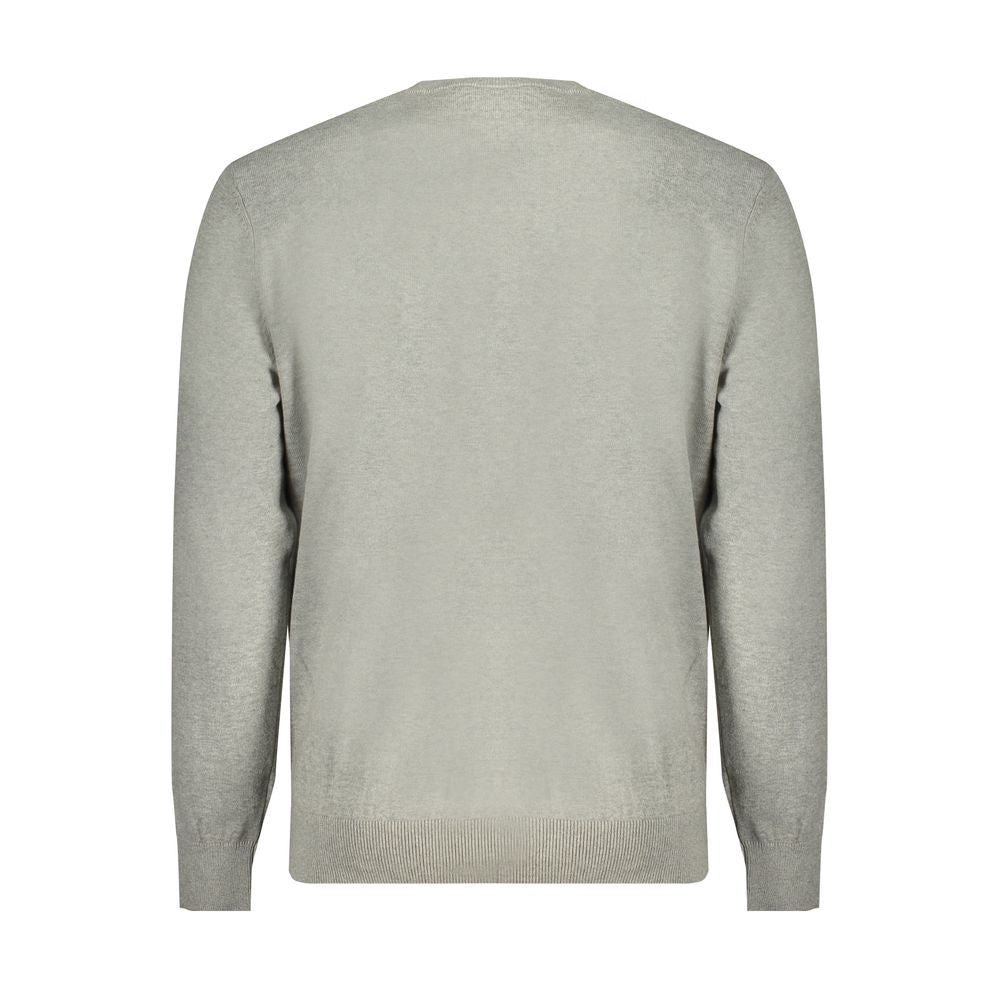 Back view of Timberland Gray Cotton Sweater, long-sleeved crew neck made from 100% organic cotton with logo.