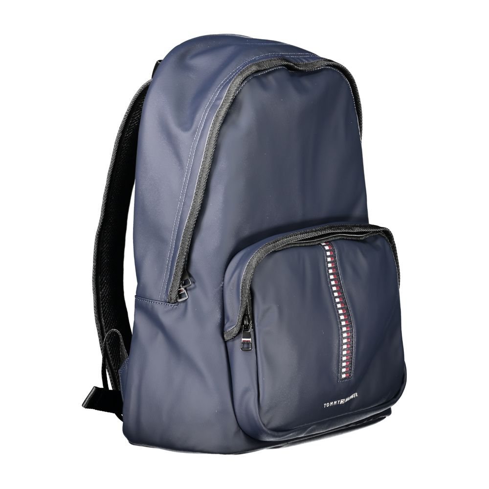 Tommy Hilfiger Blue Polyethylene Backpack with external pocket, adjustable straps, and logo design.