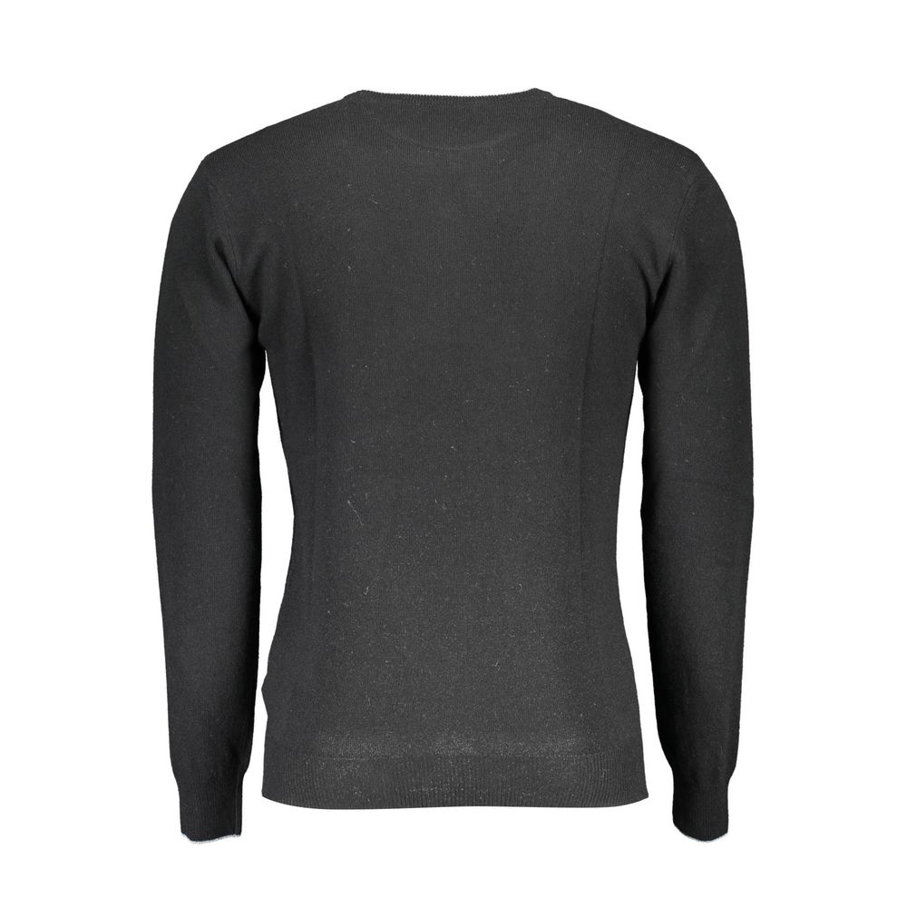 Back view of U.S. POLO ASSN. Black Wool Sweater with slim long sleeves, crew neck, and contrast details.