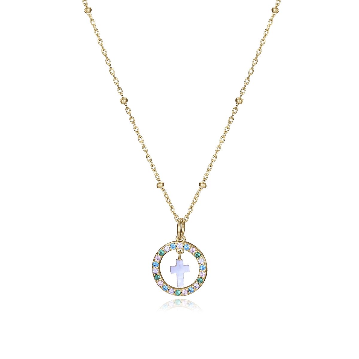 Gold necklace with a round pendant featuring a cross, surrounded by colorful stones.