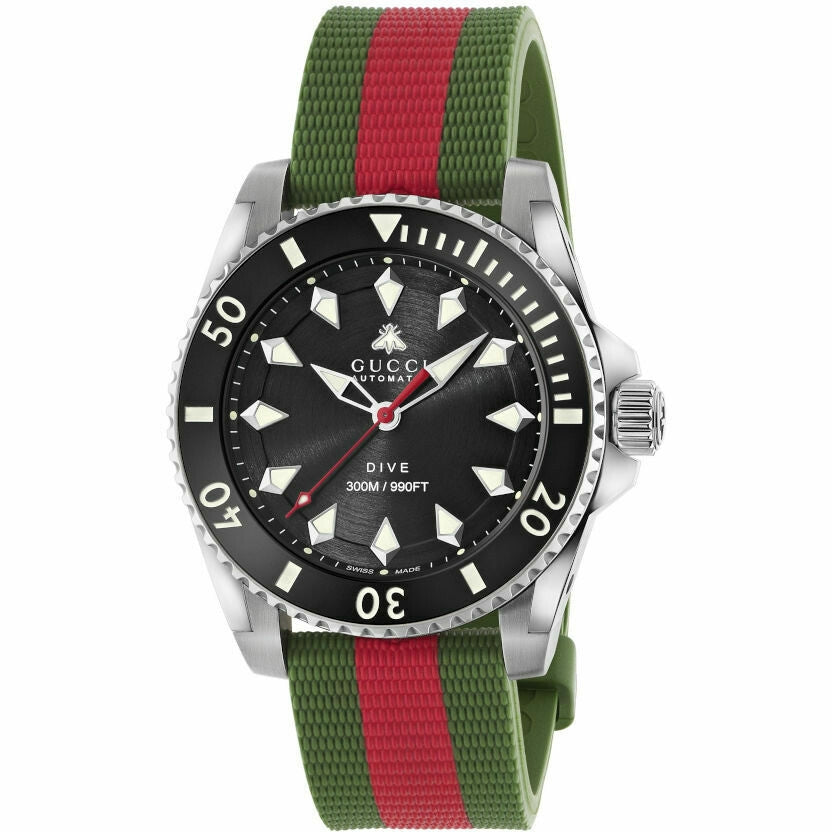 GUCCI Mod. DIVE luxury watch with black dial and green-red strap, featuring water resistance up to 300M/990FT.