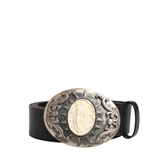 Dolce & Gabbana Black Calf Leather Ornate Metal Buckle Belt