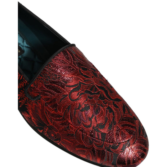 Dolce & Gabbana Red Floral Jacquard Slip On Loafers Shoes