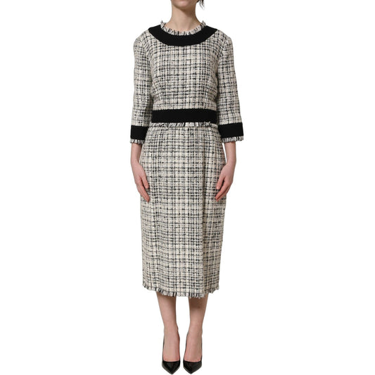 Dolce & Gabbana Multicolor Bouclé Tweed Frayed Trim Midi Dress