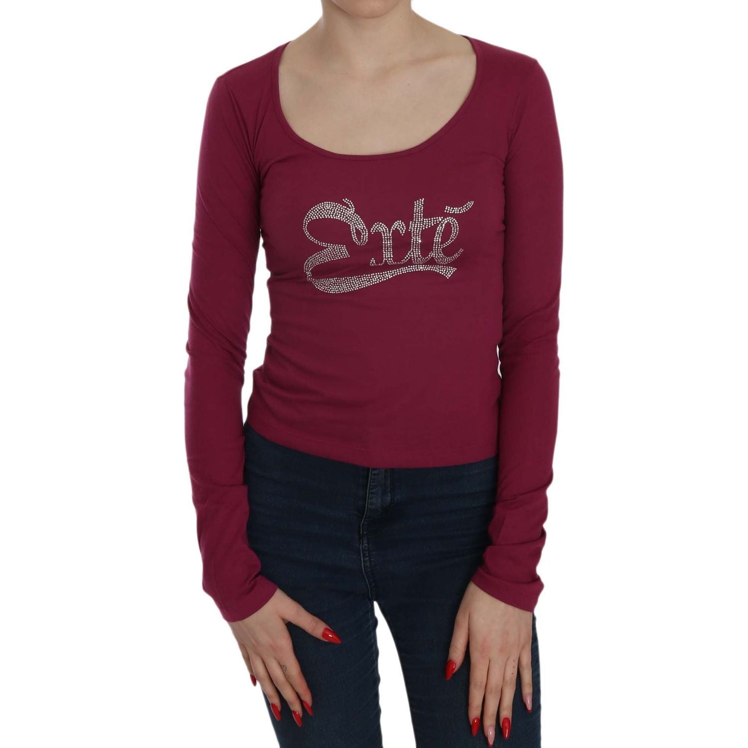 بلوزة إكستي فوشيا مزينة بالكريستال بفتحة رقبة على شكل حرف U