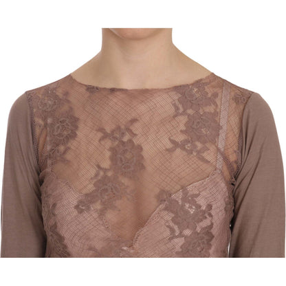 PINK MEMORIES Brown Lace See Through Long Sleeve Top
