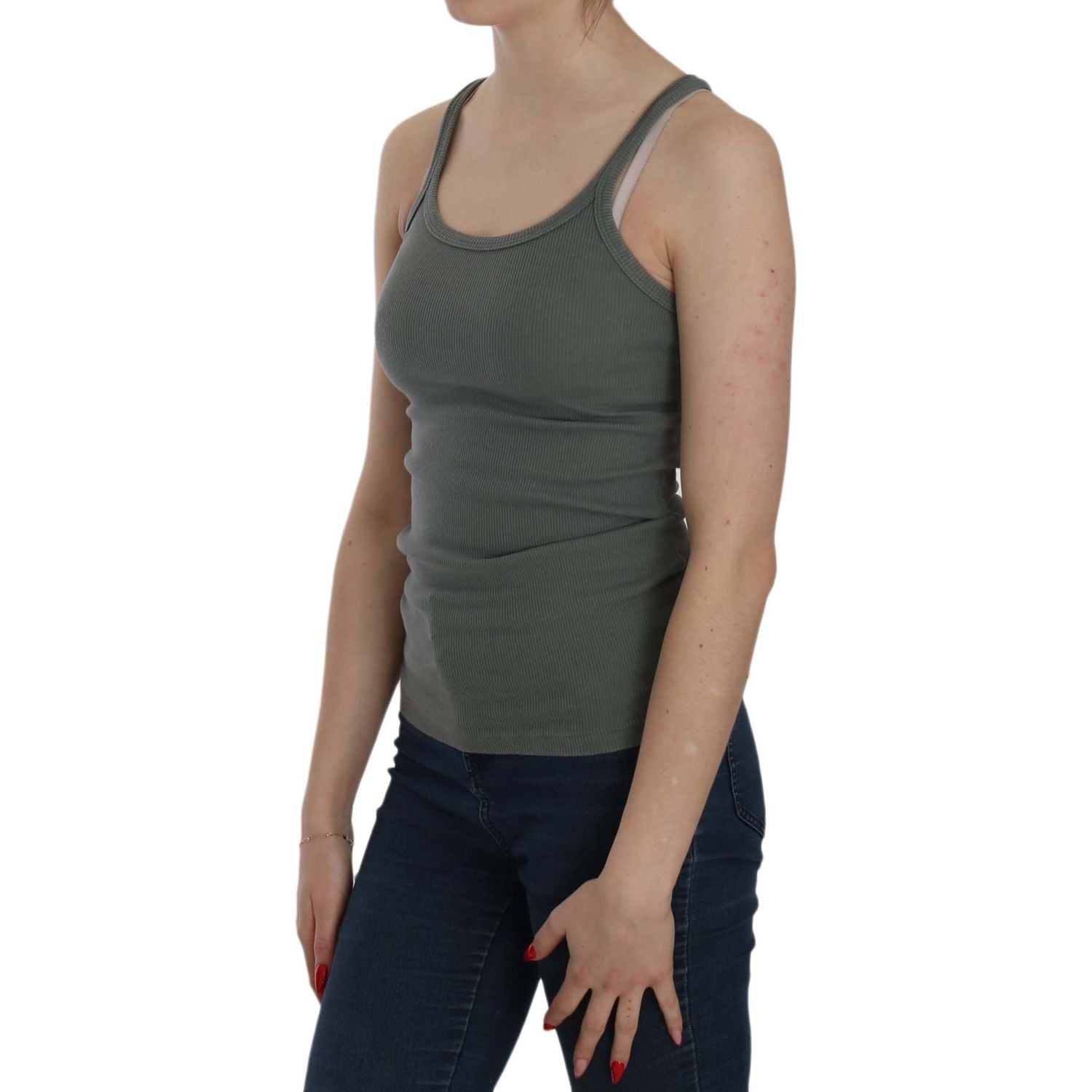 优雅圆领无袖绿色棉质衬衫