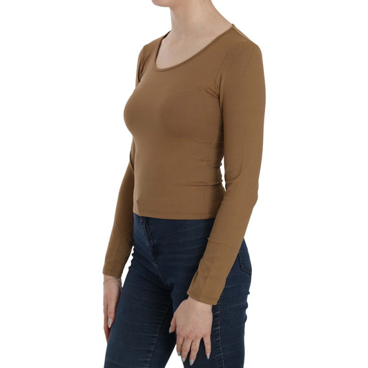 GF Ferre Brown Long Round Neck Sleeve Fitted Shirt Tops Blouse TSH3931-38