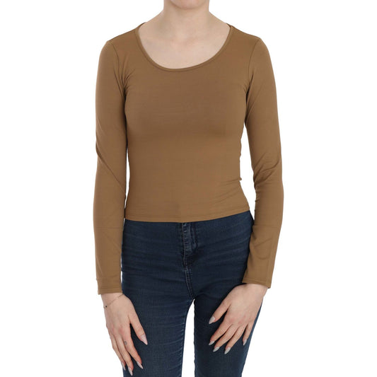 GF Ferre Brown Long Round Neck Sleeve Fitted Shirt Tops Blouse TSH3931-38