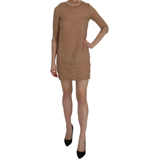 PINK MEMORIES Brown 3/4 Sleeve Crewneck Shift Mini Dress TSH3457-40