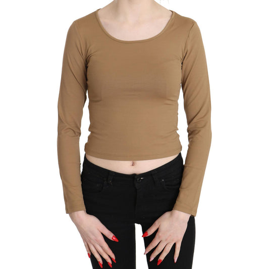 GF Ferre Brown Round Neck Long Sleeve Slim Crop Top Blouse TSH3428-40