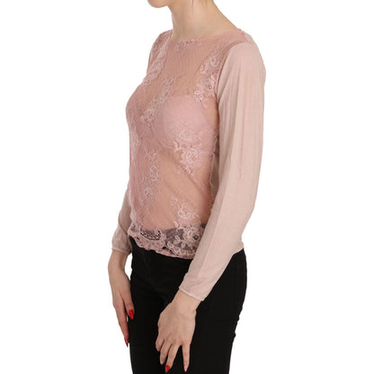 PINK MEMORIES Pink Lace See Through Long Sleeve Top Blouse