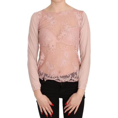 PINK MEMORIES Pink Lace See Through Long Sleeve Top Blouse