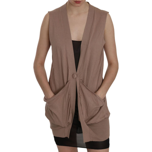 PINK MEMORIES Brown 100% Cotton Sleeveless Cardigan Top Vest TSH3458-42