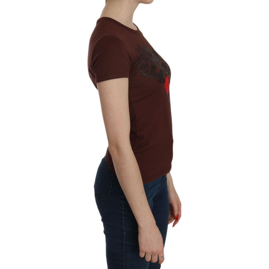Exte Brown Heart Print Crew Neck T-shirt Short Sleeve Blouse TSH3716-42