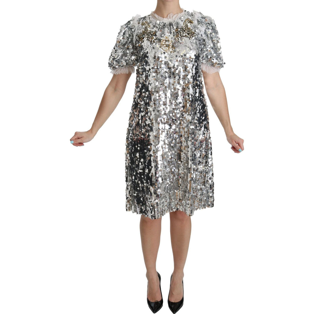 Dolce & Gabbana Silver Sequined Crystal Shift Gown Dress DR2045-40