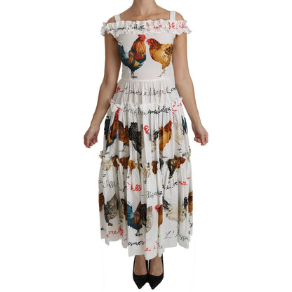 Dolce & Gabbana White Rooster Sheath Midi Cotton Dress