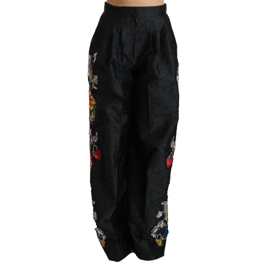 Dolce & Gabbana Black Brocade Floral Sequined Beaded Pants