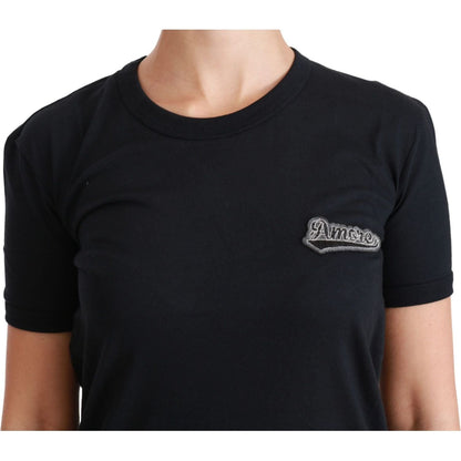 Dolce & Gabbana Blue Amore Patch Crewneck Cotton Top T-shirt