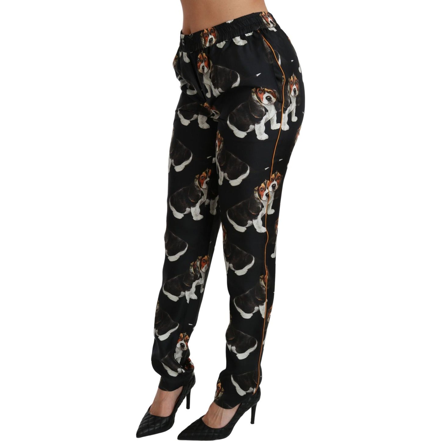 Dolce & Gabbana Black Puppy Dog Mid Waist Skinny Silk Pants