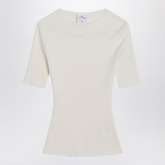 Courreges Courrèges White ribbed sweater in cotton and wool