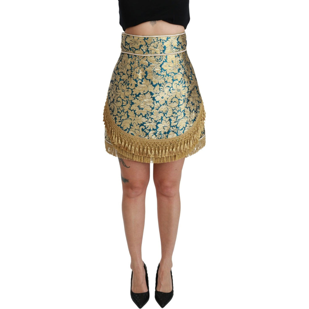 Dolce & Gabbana Blue High Waist Jacquard Tassel Gold Skirt SKI1425-38