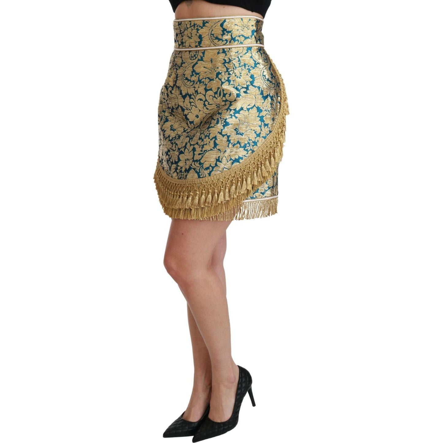 Dolce & Gabbana Blue High Waist Jacquard Tassel Gold Skirt SKI1425-38