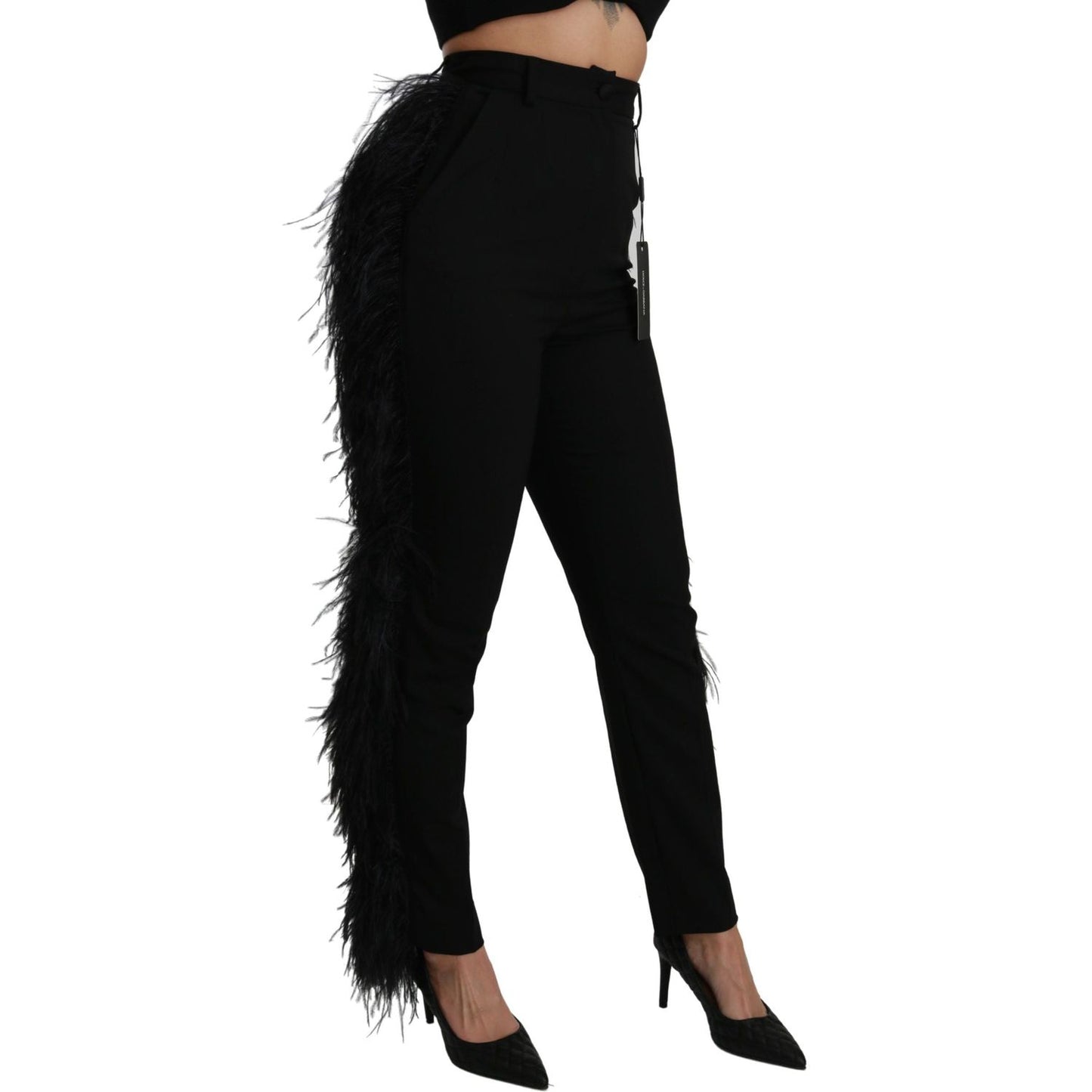 Dolce & Gabbana Black Feather Straight High Waist Wool Pants PAN70953-40