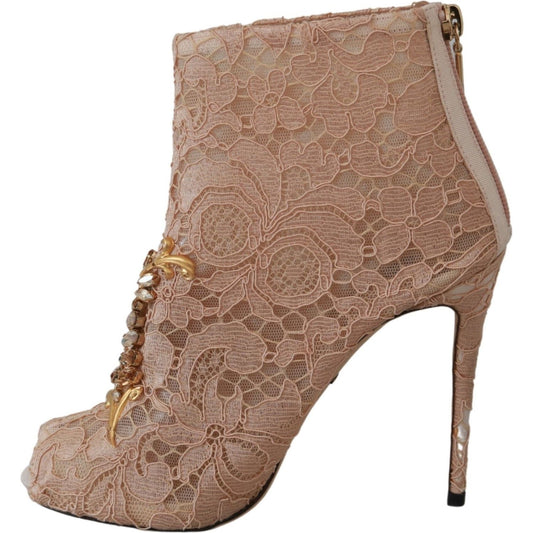 Dolce & Gabbana Pink Crystal Lace Booties Stilettos Shoes LA6493-36