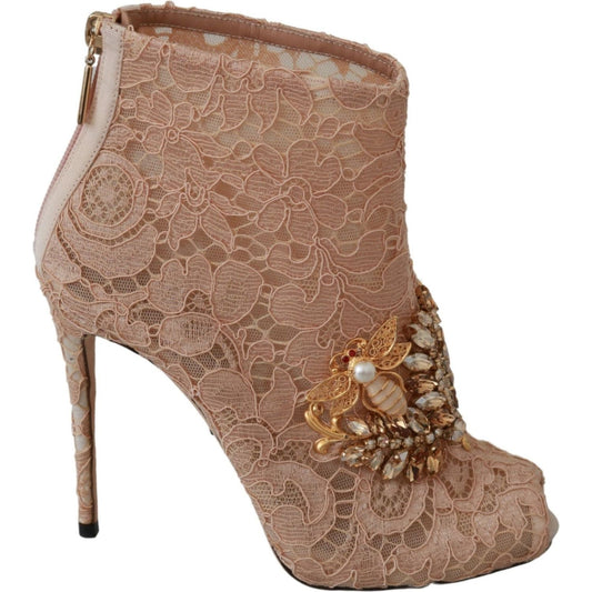 Dolce & Gabbana Pink Crystal Lace Booties Stilettos Shoes LA6493-36