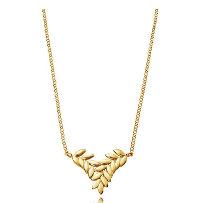 Gold leaf design necklace on a chain, featuring elegant gold leaves interwoven in a symmetrical pattern against a white background.