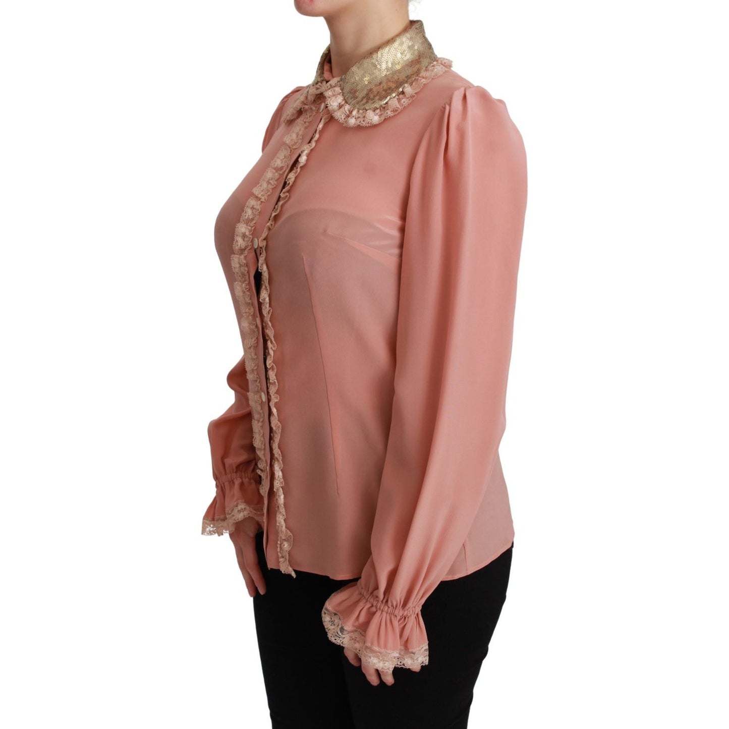 Dolce & Gabbana Pink Silk Gold Sequin Lace Blouse Shirt