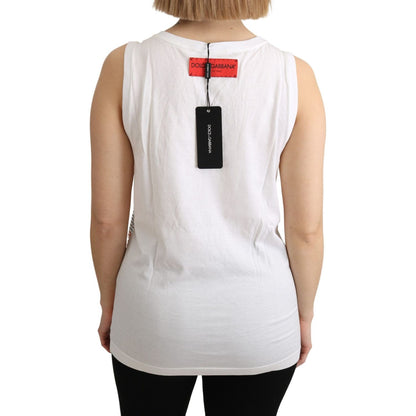 Dolce & Gabbana White Orange Crystal Sleeveless Tank Cotton Top