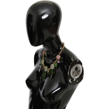 Dolce & Gabbana Green Leaves Gold Brass Crystal Flower Pendant Necklace Necklace