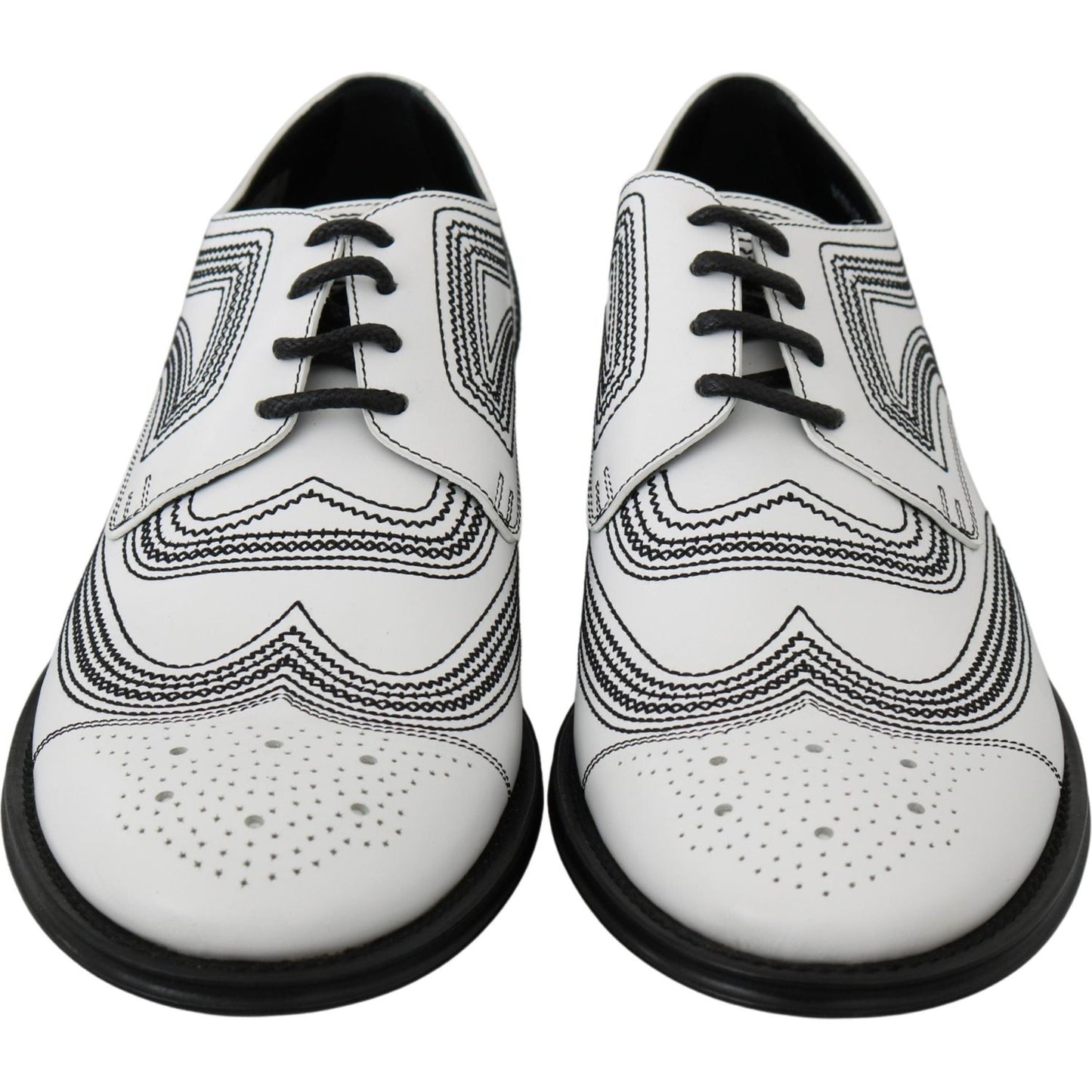 Dolce & Gabbana White Leather Derby Formal Black Lace Shoes MV3046-44