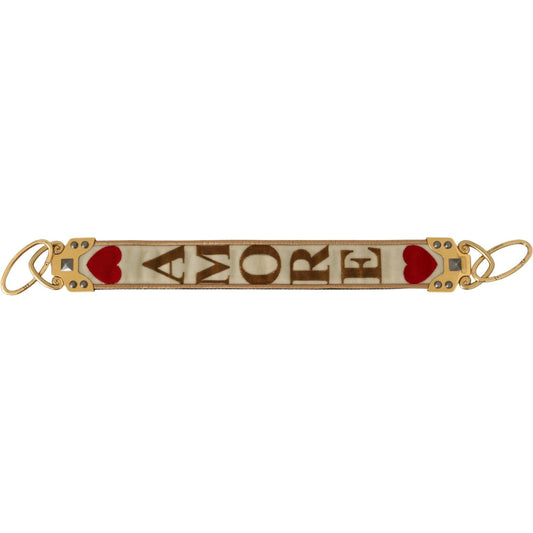 Dolce & Gabbana Gold White Textile Leather AMORE Shoulder Strap BEL60712