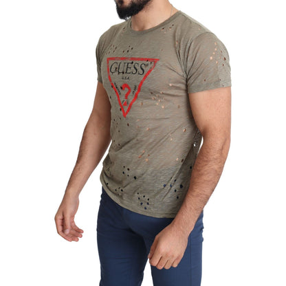 Guess Brown Cotton Stretch Logo Print Men Casual Perforated T-shirt