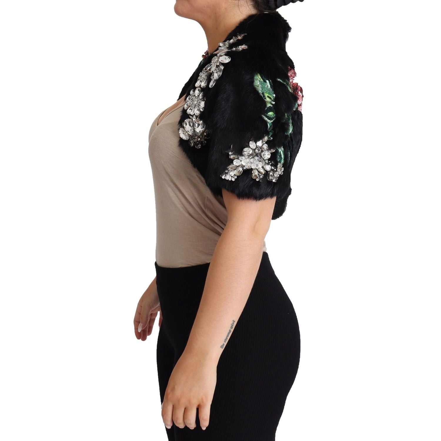 Dolce & Gabbana Black Rabbit Fur Crystals Sequin Coat