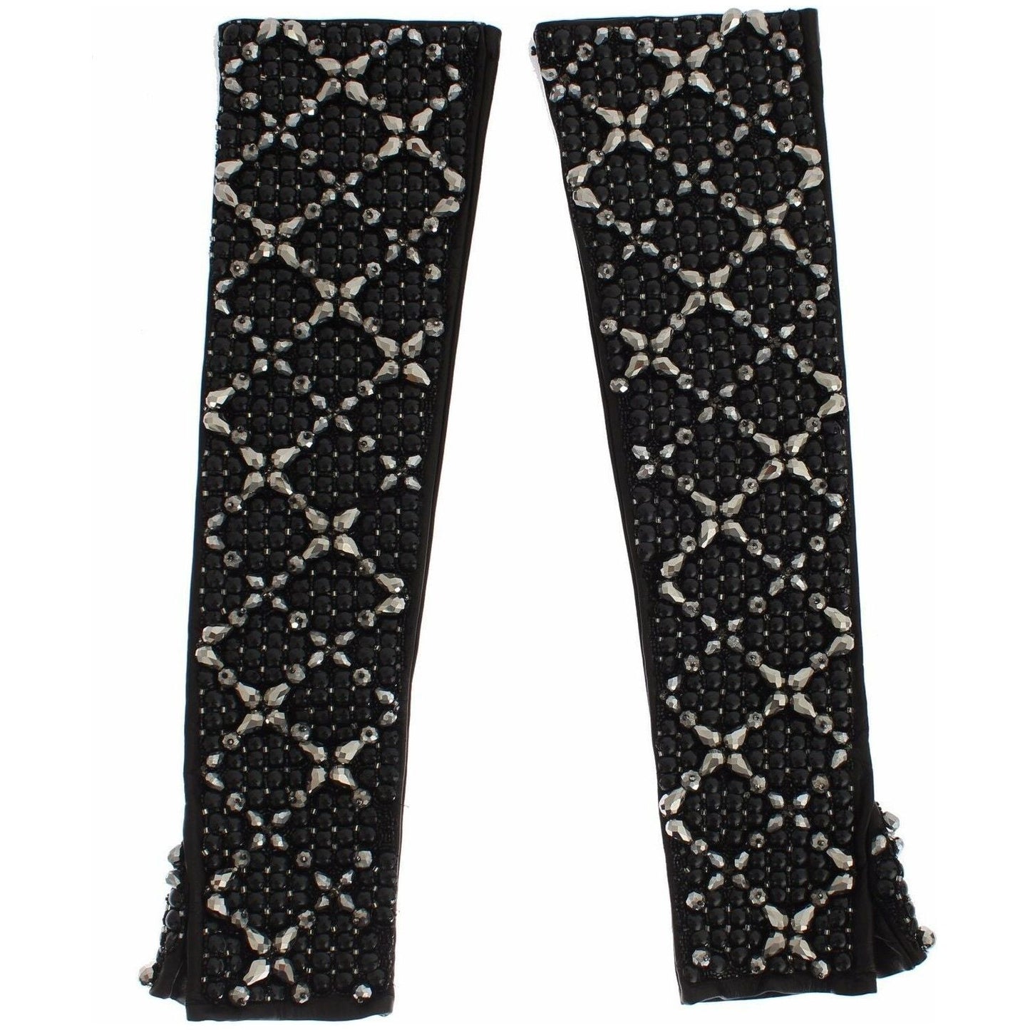 Dolce & Gabbana Black Leather Crystal Beaded Finger Free Gloves GLO020-7