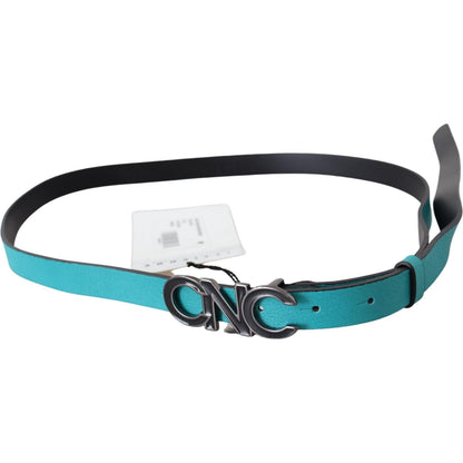Costume National Blue Green Leather Logo Silver Buckle Belt Belt