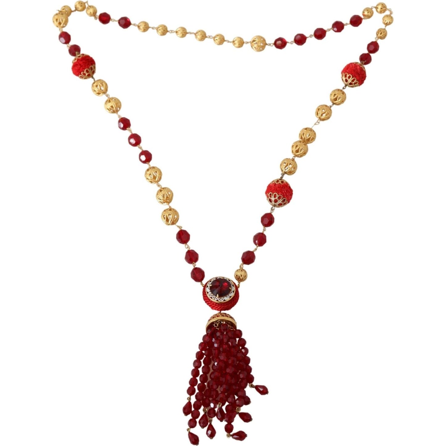 Dolce & Gabbana Gold Tone Brass Red Crystals Pendant Opera Chain Necklace SMY100547