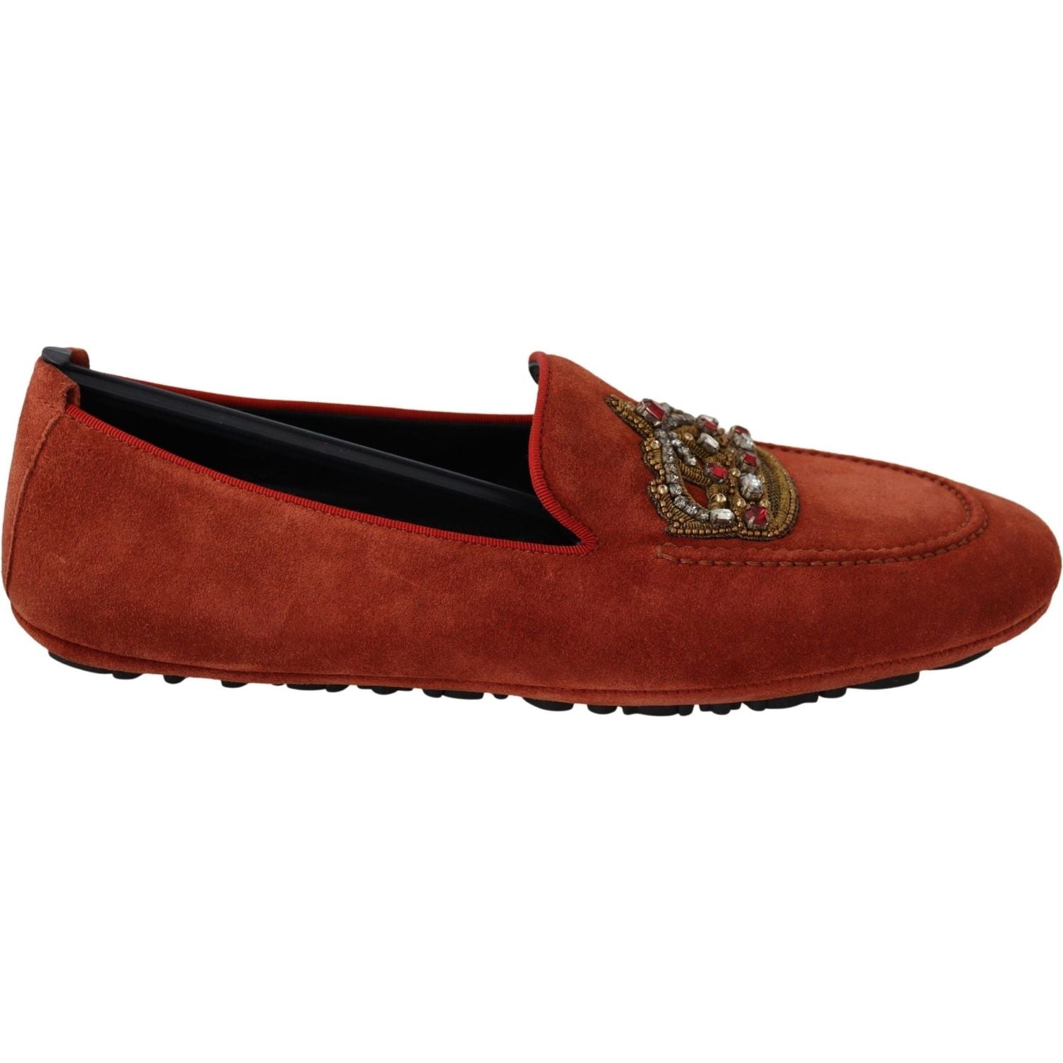 Dolce & Gabbana Orange Leather Crystal Crown  Loafers Shoes