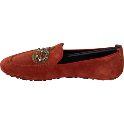 Dolce & Gabbana Orange Leather Crystal Crown Loafers Shoes