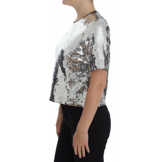 Dolce & Gabbana Silver Sequined Crewneck Blouse T-shirt Top SIG20502-40