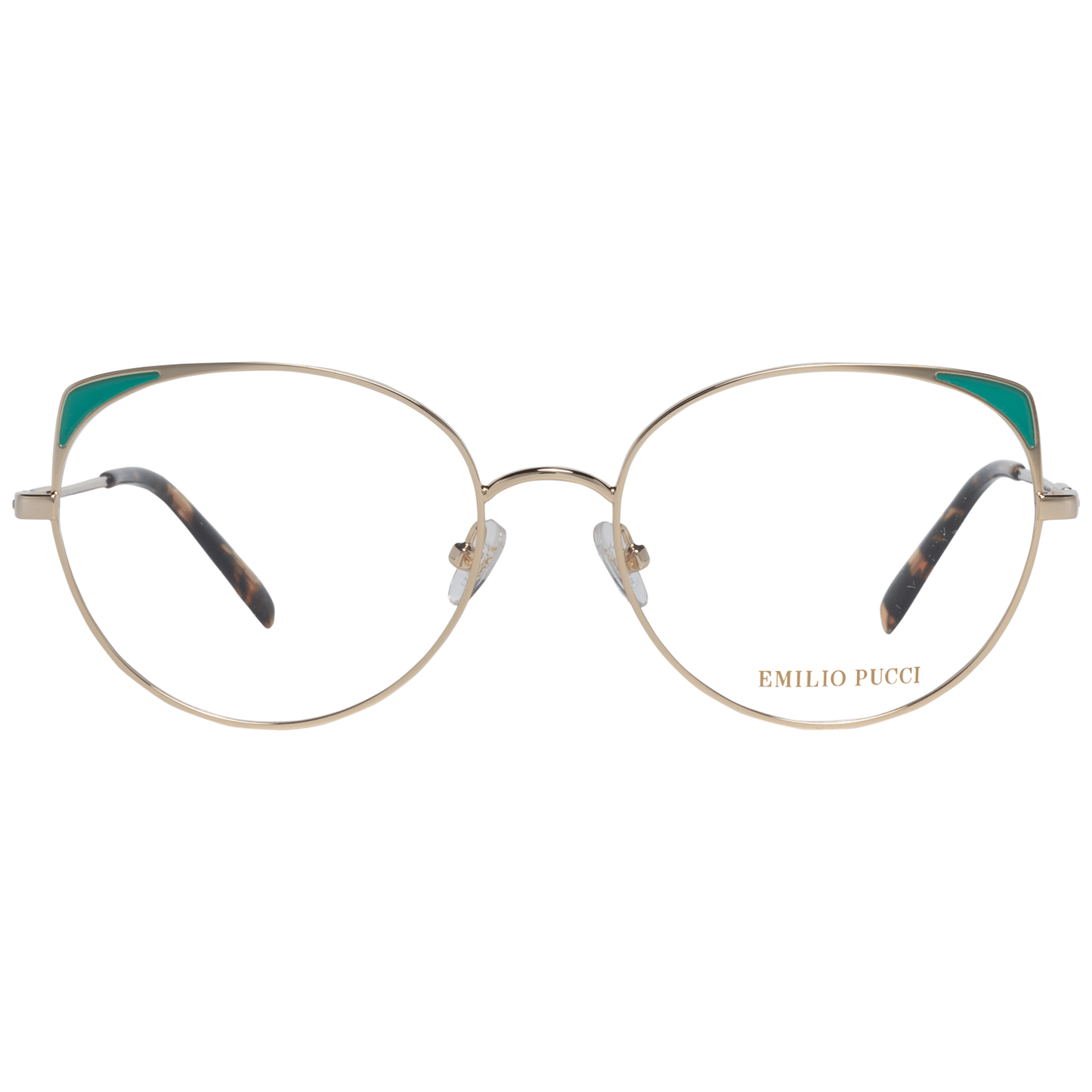 Emilio Pucci Gold Metal Glasses (Frames) for women with full-rim design, metal frame, and branded case. Size 54-17-140.